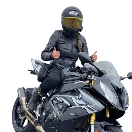 Amanda in a motorcycle jacket
