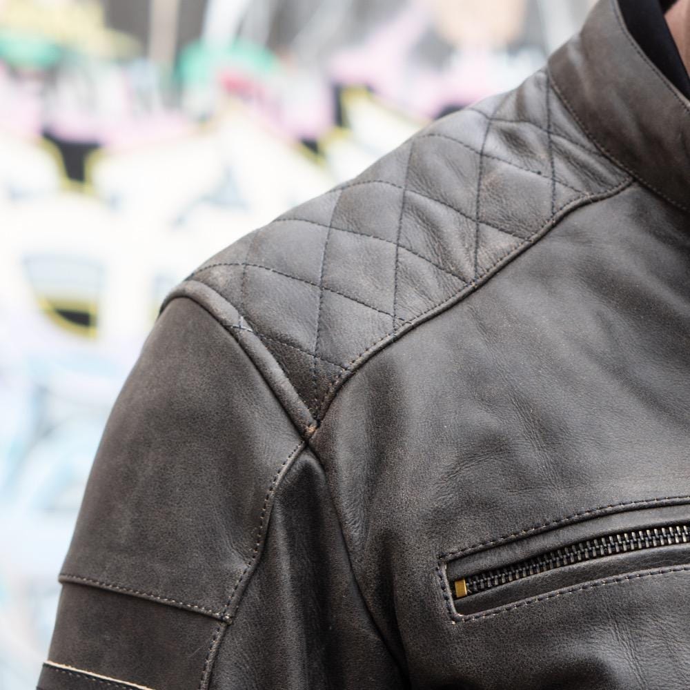 ol Bobber' | Classic Leather Motorbike Jacket in Distressed Charcoal Brown close up of right shoulder stitching