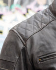 ol Bobber' | Classic Leather Motorbike Jacket in Distressed Charcoal Brown close up of right shoulder stitching