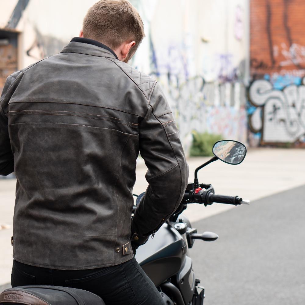 ol Bobber' | Classic Leather Motorbike Jacket in Distressed Charcoal Brown pictured from behind