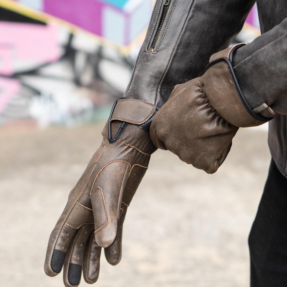 ol Bobber' | Classic Leather Motorbike Jacket in Distressed Charcoal Brown Paired with The Original Brown Leather Gloves