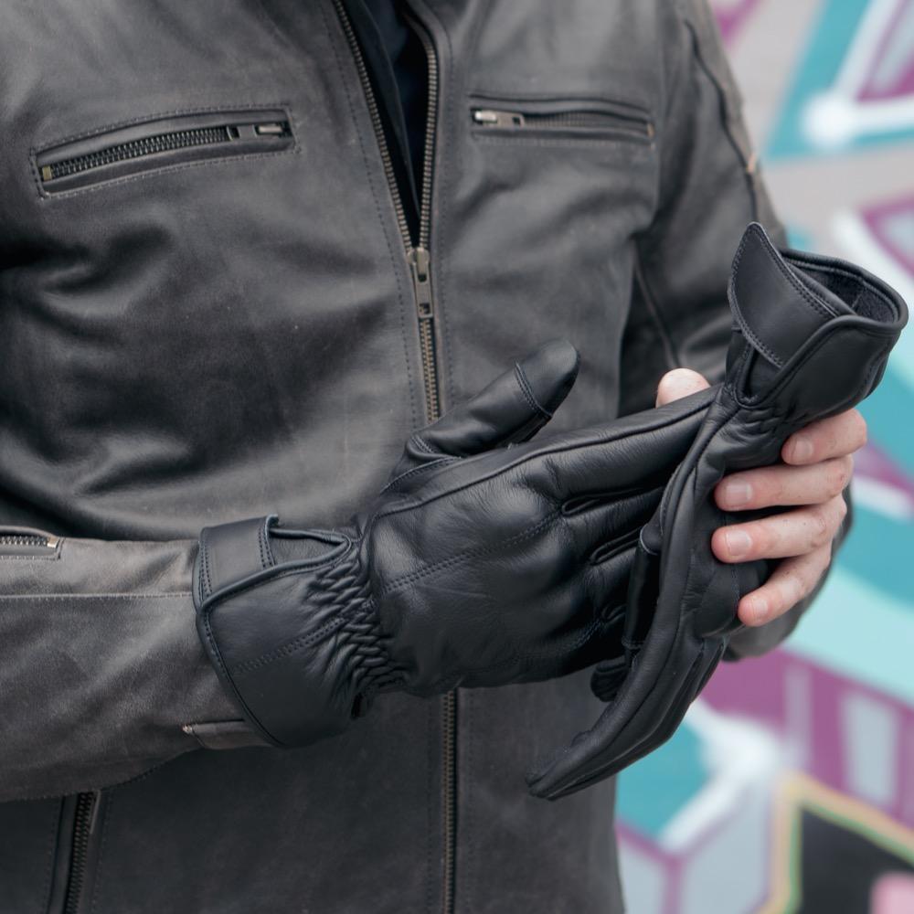 ol Bobber' | Classic Leather Motorbike Jacket in Distressed Charcoal Brown paired with Black Classic Gloves