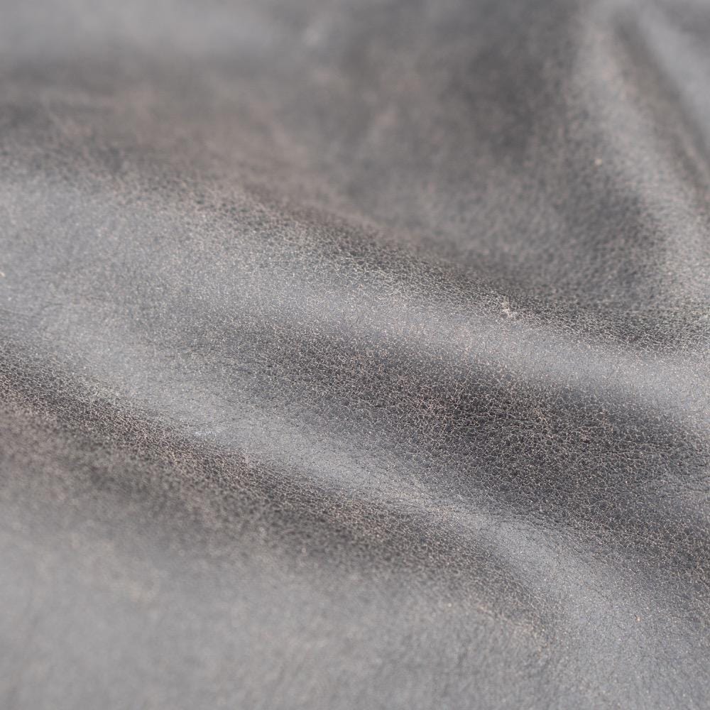 ol Bobber' | Classic Leather Motorbike Jacket in Distressed Charcoal Brown close up of full leather grain
