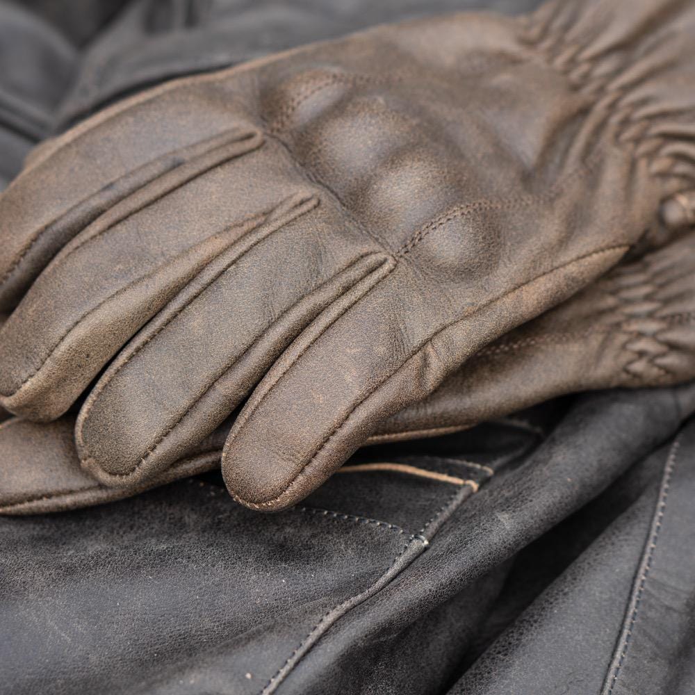ol Bobber' | Classic Leather Motorbike Jacket in Distressed Charcoal Brown with brown "the Original: Gloves on top.