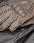 ol Bobber' | Classic Leather Motorbike Jacket in Distressed Charcoal Brown with brown "the Original: Gloves on top.