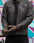ol Bobber' | Classic Leather Motorbike Jacket | Distressed Charcoal Brown Full Grain Leather