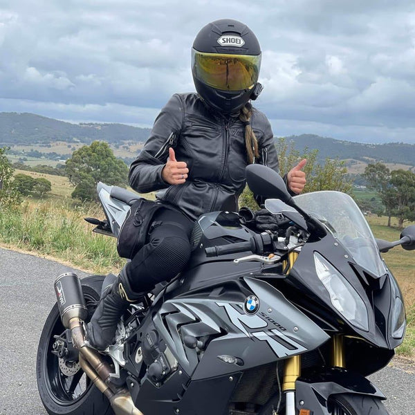 Amanda in a motorcycle jacket