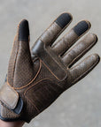 Thumpa's Short Cuff Brown Leather Motorbike Gloves showing palm with extra protection on impact points