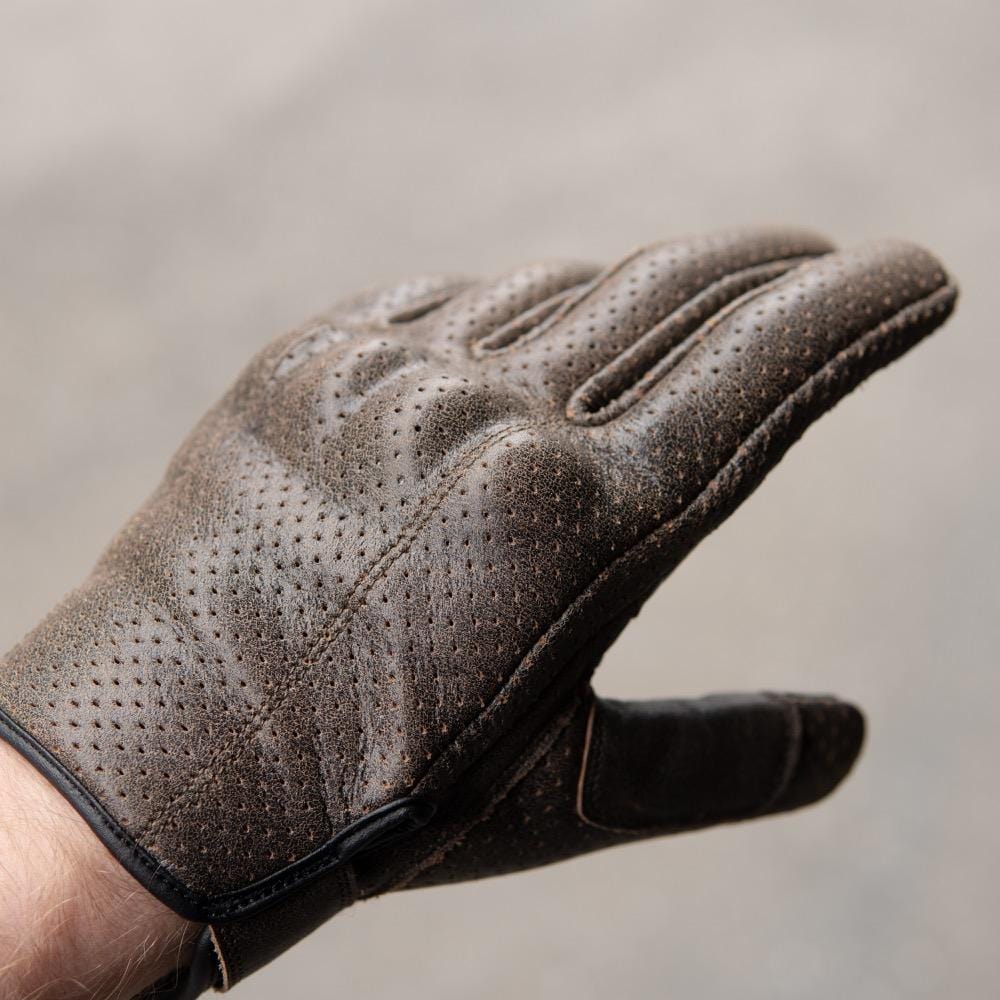 Thumpa&#39;s Short Cuff Brown Leather Motorbike Gloves showing back of glove