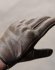 Thumpa's Short Cuff Brown Leather Motorbike Gloves showing back of glove