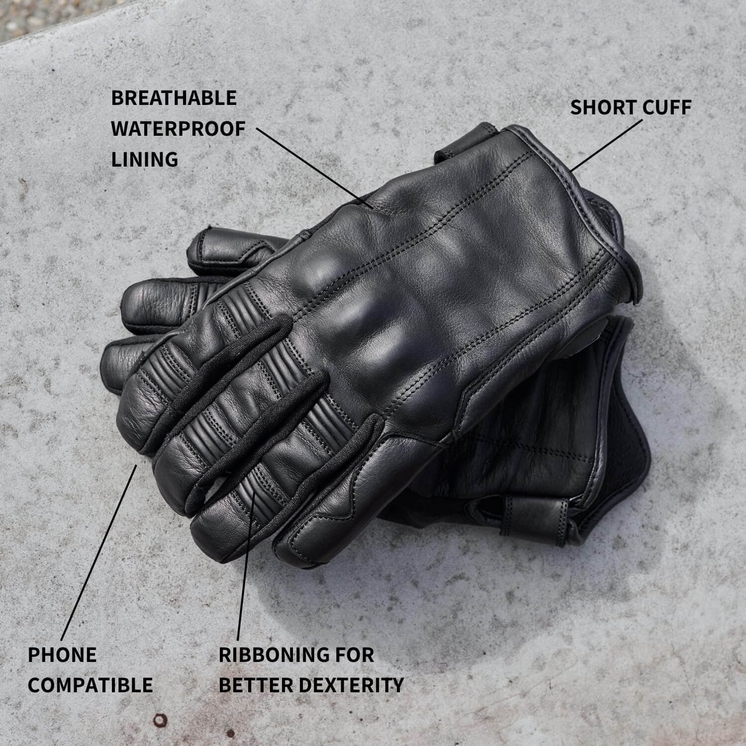 'Shorties' 2.0 Short Black Leather Waterproof Motorbike Gloves